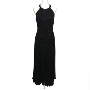 Vintage Precious Formals 100% Silk Beaded Strappy Formal Gown Dress Black Size 8